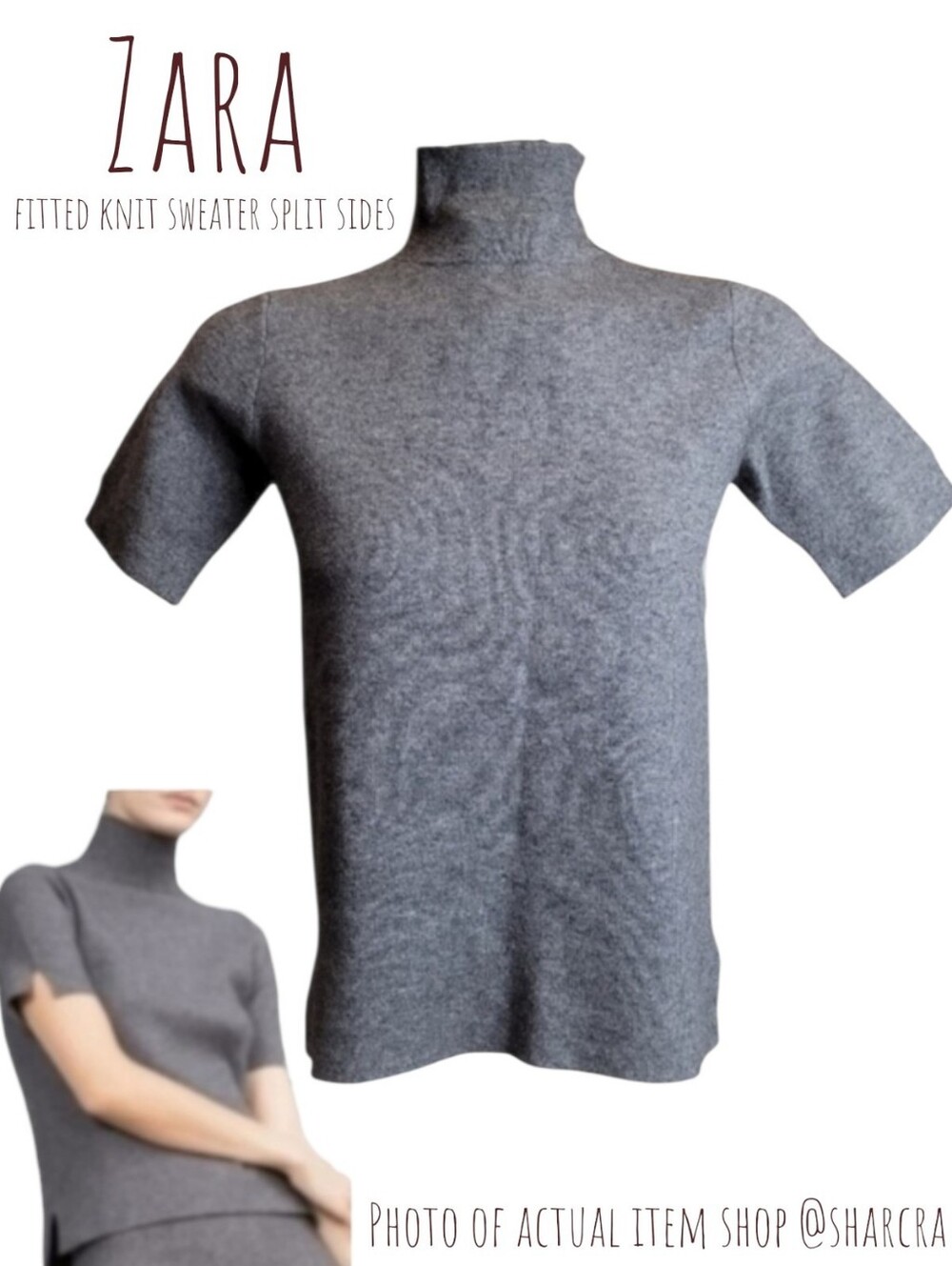 Zara Knit Women's mock neck Fitted Sweater Top Short Sleeve split sides S grey